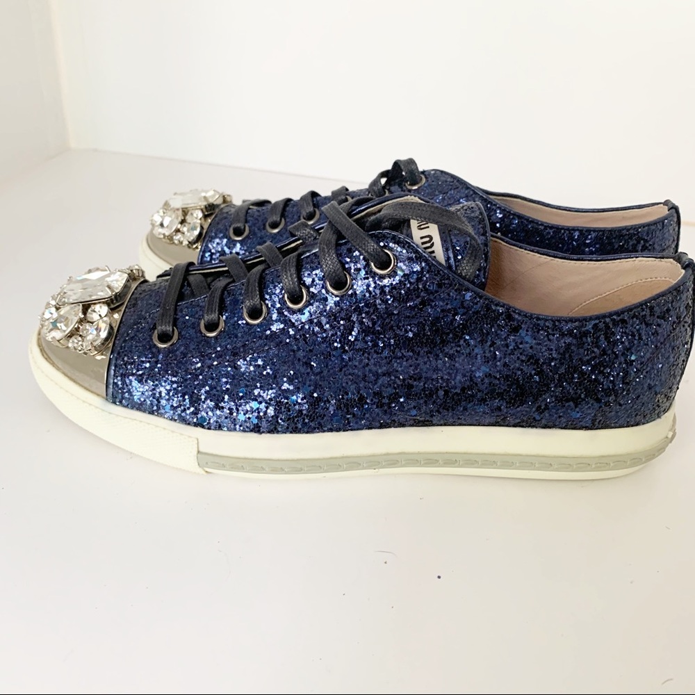 Miu Miu Blue Glitter Sneakers Crystal Toe 37 US 7